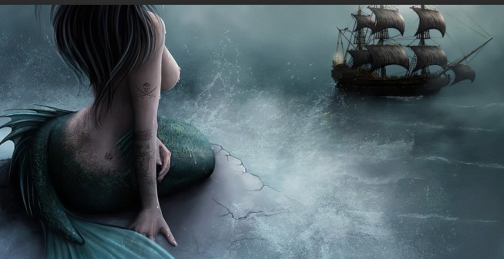 Mermaid on the rocks, storm-struck ship